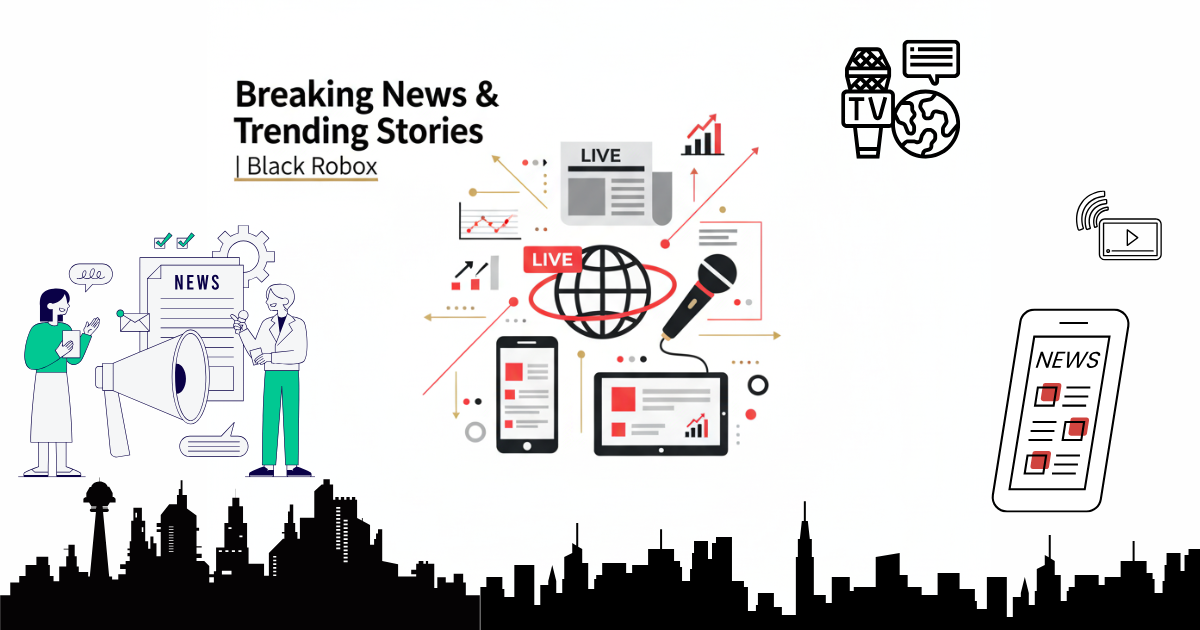 Infographic banner showing breaking news icons, global headlines, and media graphics representing news updates for Black Robox