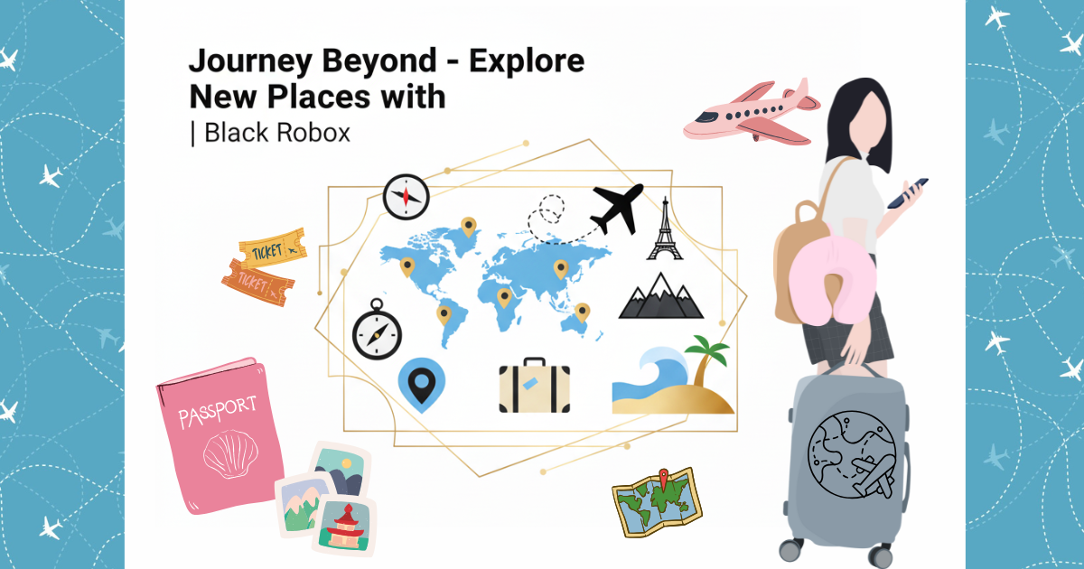 Infographic banner with airplane, world map, and destination icons representing global travel for Black Robox